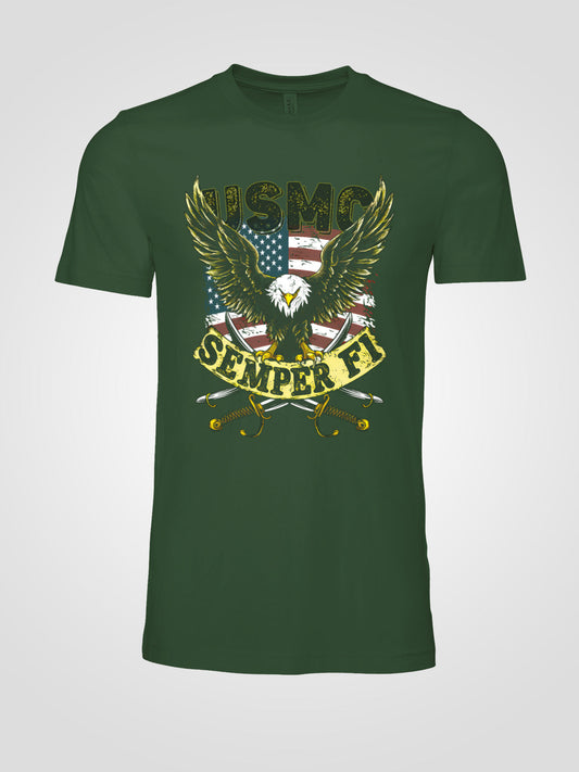 USMC Semper Fi w Flag on Military Green T-Shirt