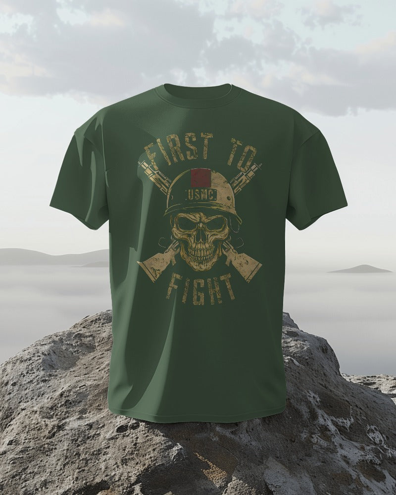 USMC First to Fight on Military Green T-Shirt