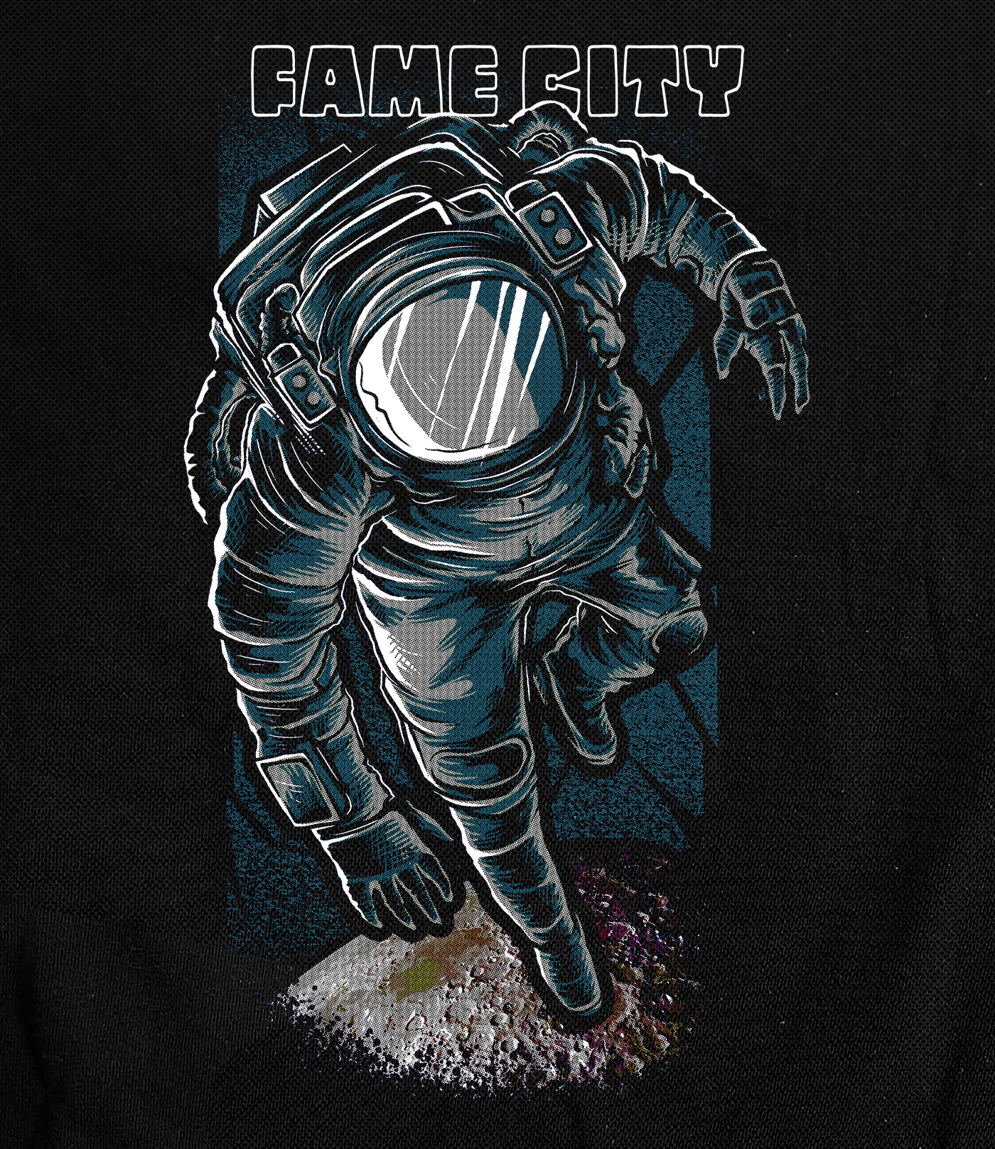 Fame City Space Man on Black T-Shirt