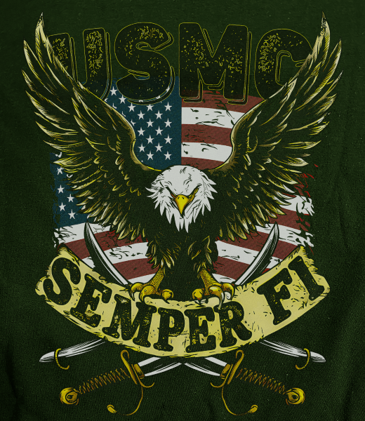 USMC Semper Fi w Flag on Military Green T-Shirt