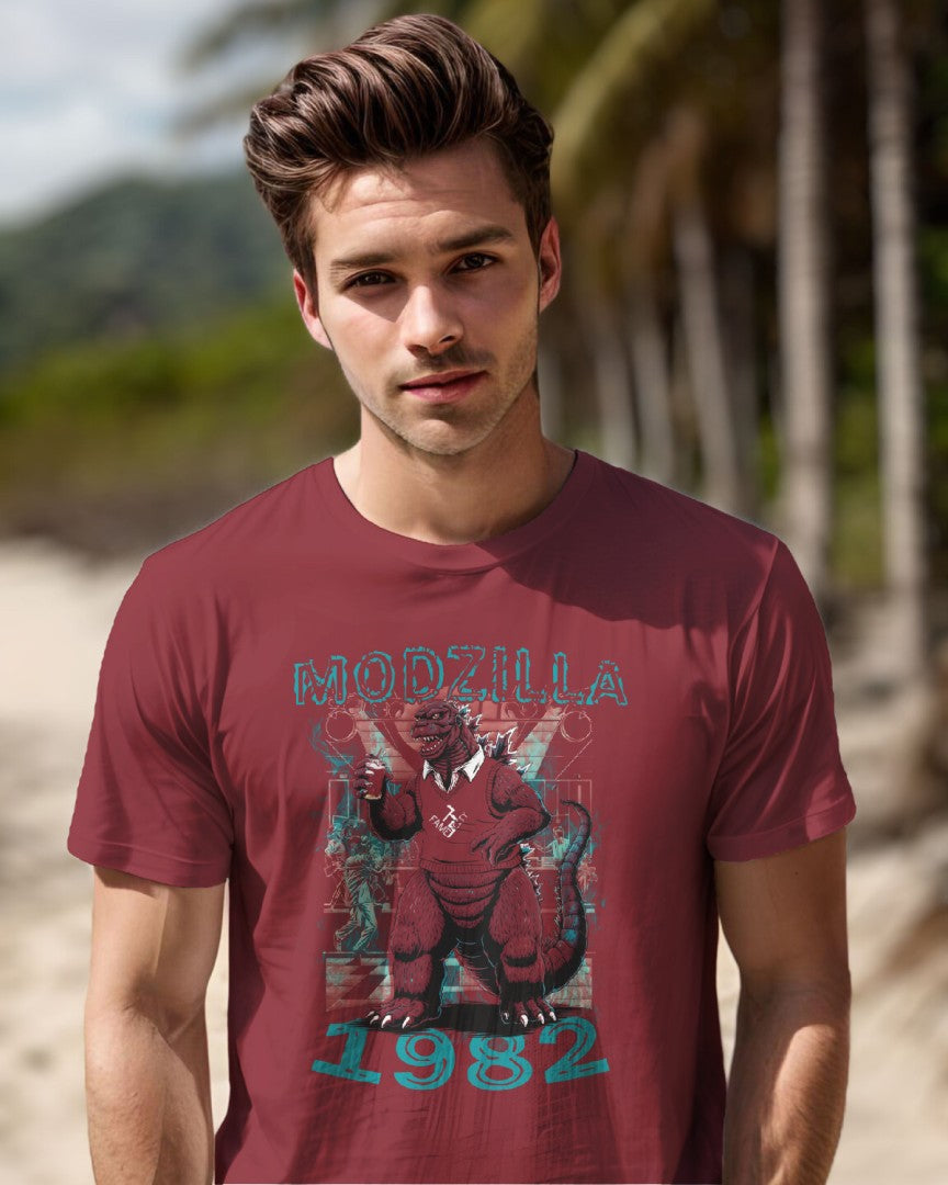 Modzilla 1982 on maroon t-shirt