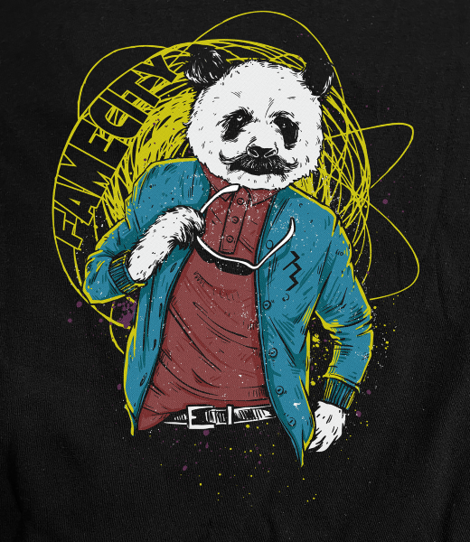 Panda Cool Bear Man con Mustache on Black T-Shirt