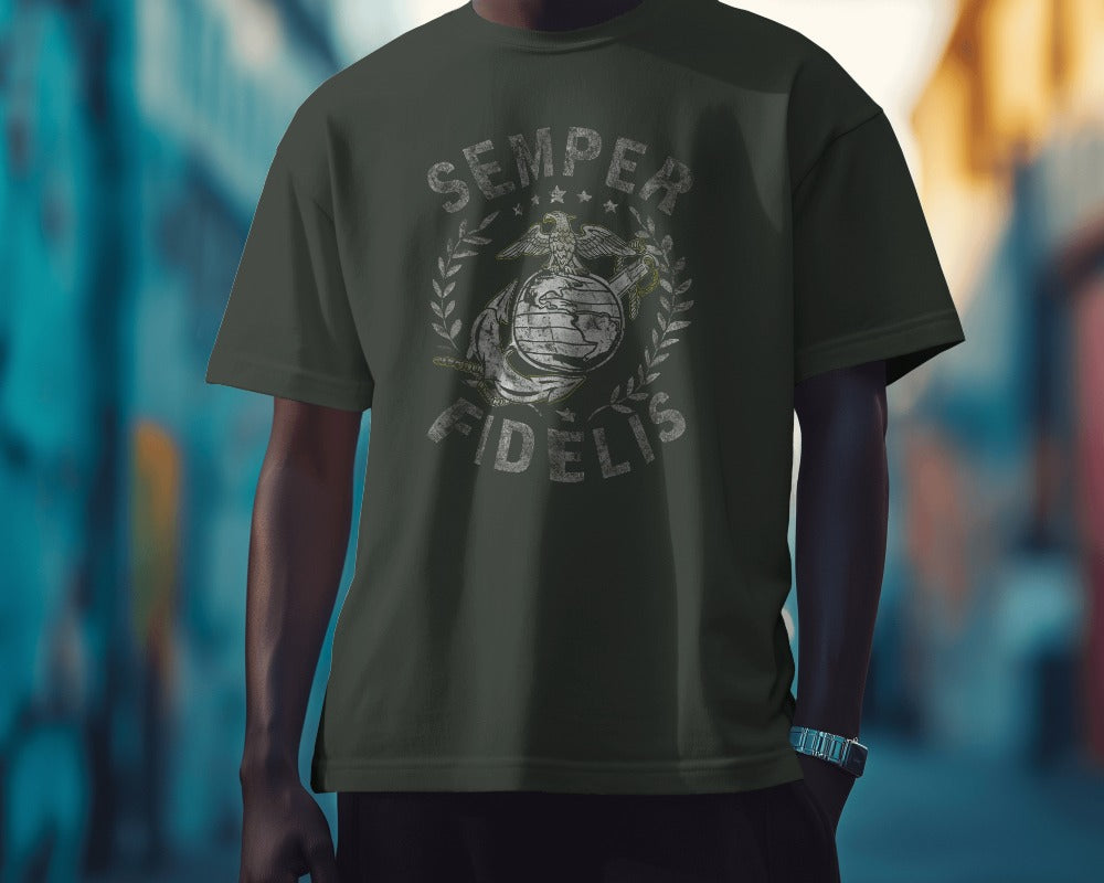 USMC Semper Fidelis on Military Green T-Shirt