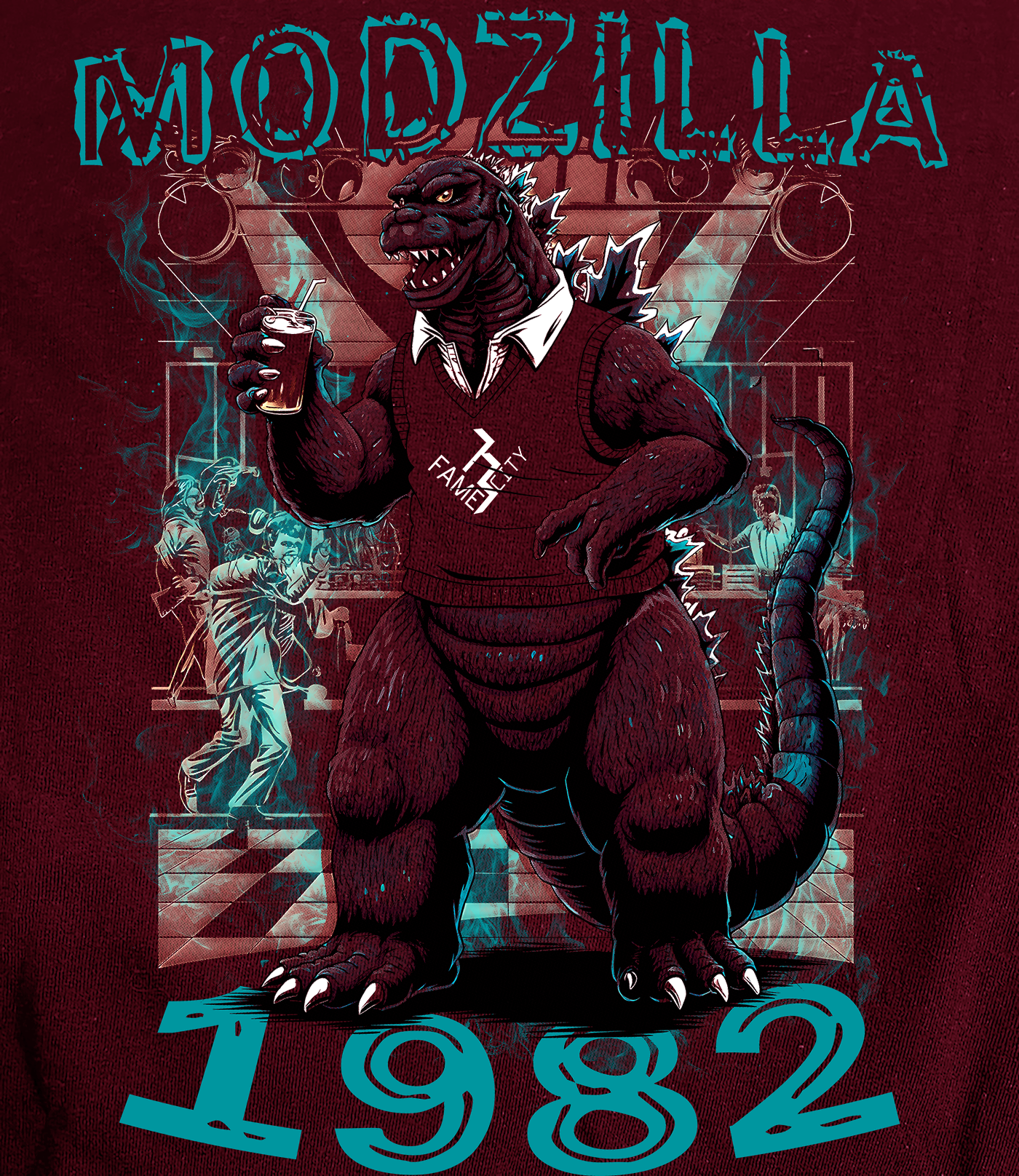 Modzilla 1982 on maroon t-shirt