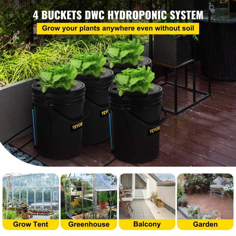 Hydroponic System, 5 Gallon 4 Buckets, Deep Water Culture Growing Bucket, Hydroponics Grow Kit with Pump, Air Stone and Water Level Device