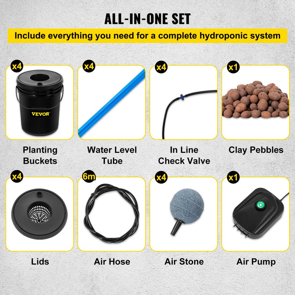 Hydroponic System, 5 Gallon 4 Buckets, Deep Water Culture Growing Bucket, Hydroponics Grow Kit with Pump, Air Stone and Water Level Device